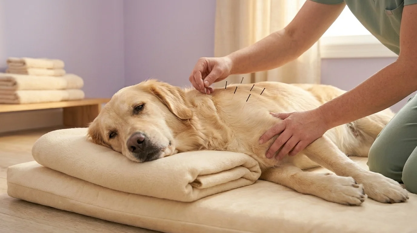 Golden retriever during a veterinary acupuncture session, fine needles in back and shoulder, IVAS-certified vet adjusting