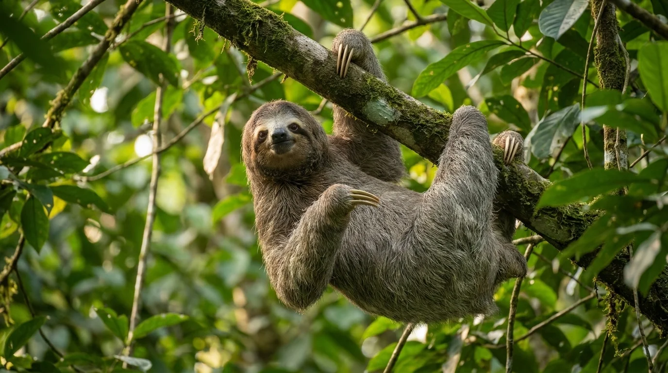 Wild sloth clinging to a mossy branch high in a green rainforest canopy in its natural habitat