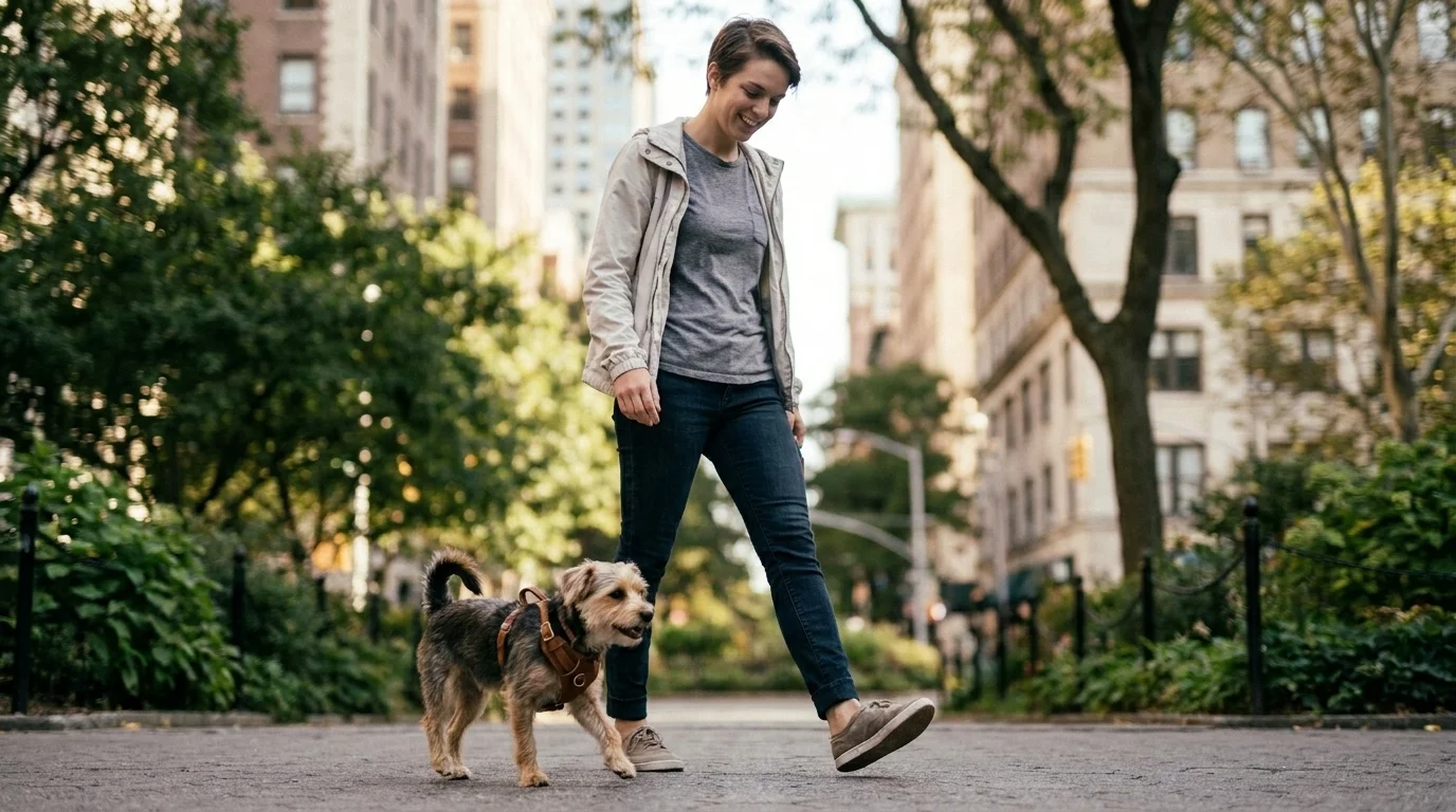 Young adult in their late twenties walking a small dog in a quality harness through an urban park in daylight