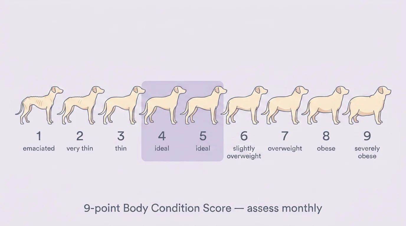 Canine 9-point Body Condition Score chart: BCS 1–3 underweight, 4–5 ideal, 6 overweight, 7–9 obese