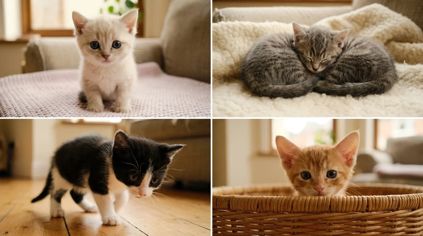 Four-panel grid of cute kittens: a cream blue-eyed one, two sleeping tabby littermates, a wobbler and one in a basket