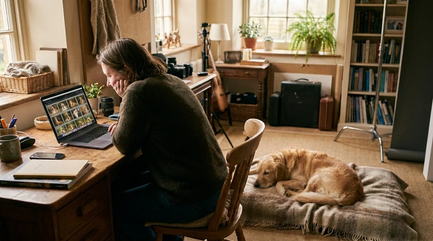 Pet photographer reviewing session images on a laptop in a softly lit studio with a relaxed dog resting nearby