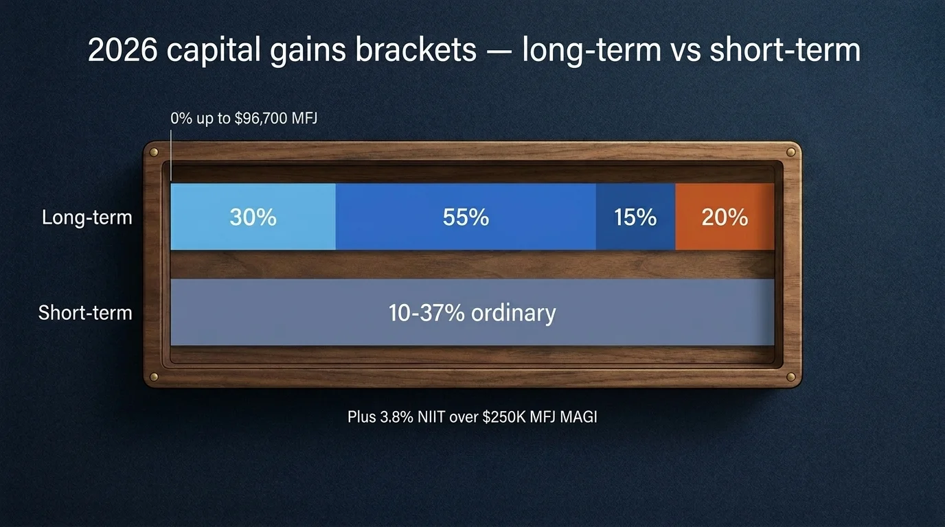 Two stacked bars on deep navy: Long-term 0%/15%/20% (last burnt orange); Short-term slate 10-37%, plus 3.8% NIIT