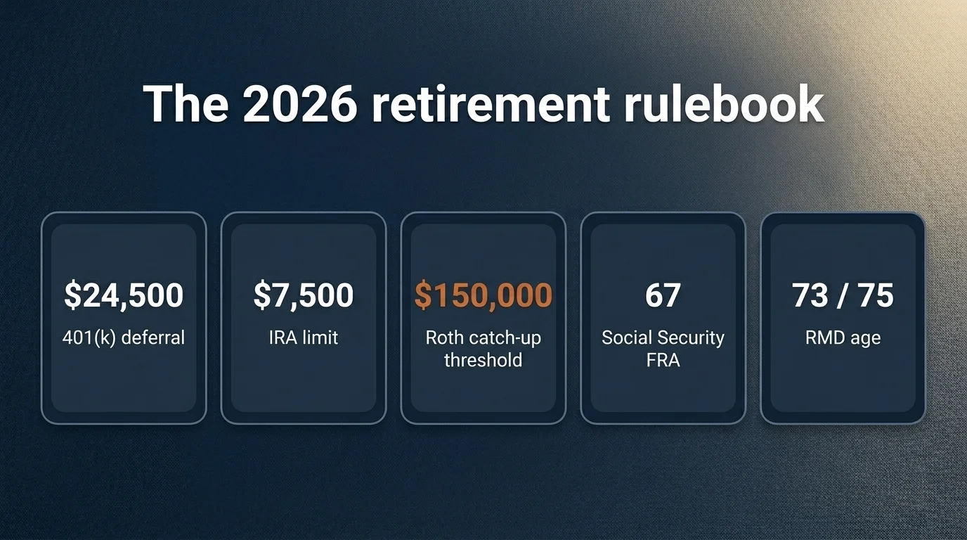 Five stat-cards on deep navy: $24,500 401(k), $7,500 IRA, $150K Roth catch-up (burnt orange), 67 FRA, 73/75 RMD