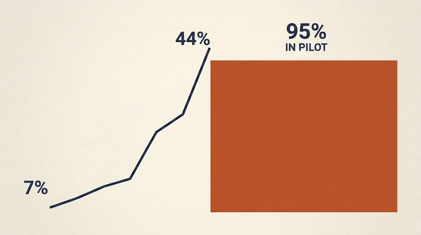 A steep line rising from 7% to 44% adoption beside a large flat block for the 95% of projects still in pilot
