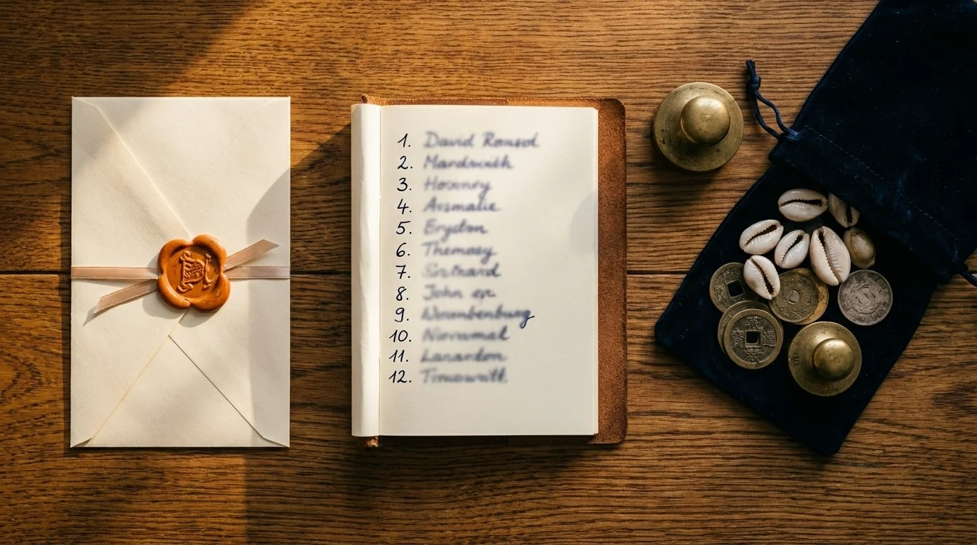 Antique wood table overhead with a wax-sealed envelope, an open handwritten ledger, and a velvet pouch of cowrie shells and mixed coins