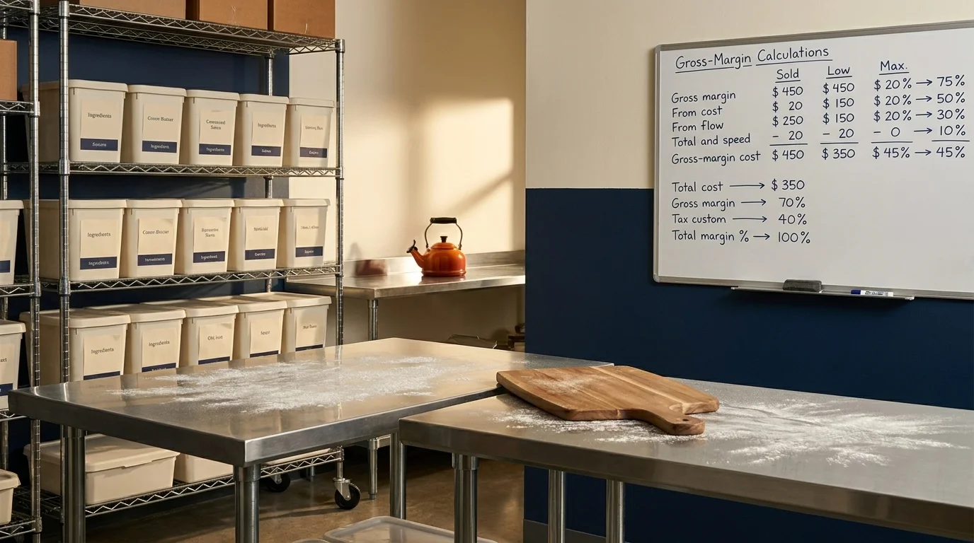 Foodpreneur production kitchen with stainless steel prep tables and a whiteboard of handwritten gross margin calculations