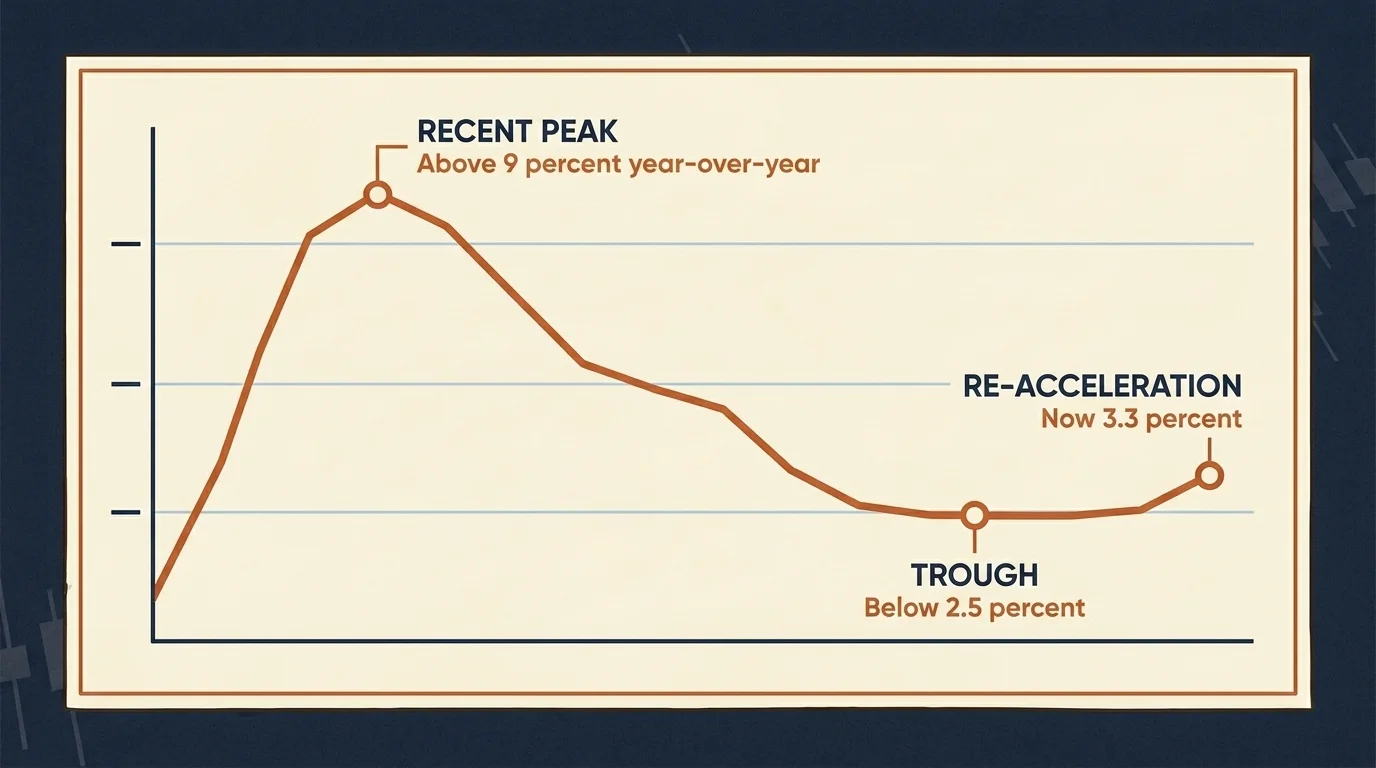 CPI year-over-year curve showing recent peak above 9%, trough below 2.5%, and re-acceleration to 3.3%
