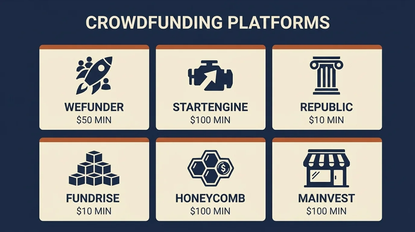 Card-grid infographic of six US crowdfunding platforms — Wefunder, StartEngine, Republic, Fundrise, Honeycomb, Mainvest