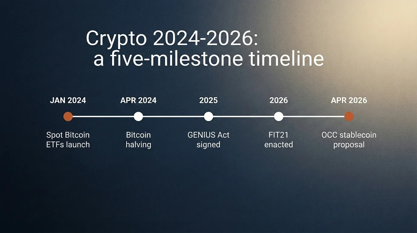 Cryptocurrency 2024-2026 milestone timeline: spot Bitcoin ETFs, halving, GENIUS Act, FIT21, OCC stablecoin proposal