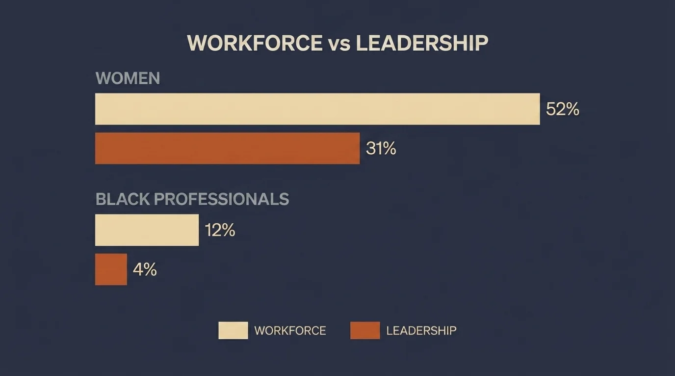 Bar chart of the US finance workforce-vs-leadership representation gap for women and Black professionals