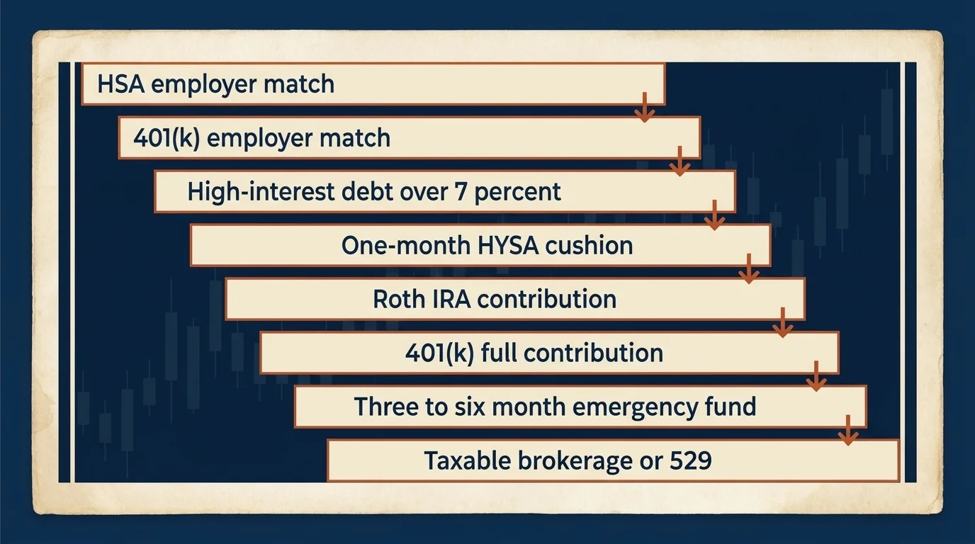 Eight-tier first-paycheck waterfall showing the priority order from HSA match through 401(k) and emergency fund to taxable
