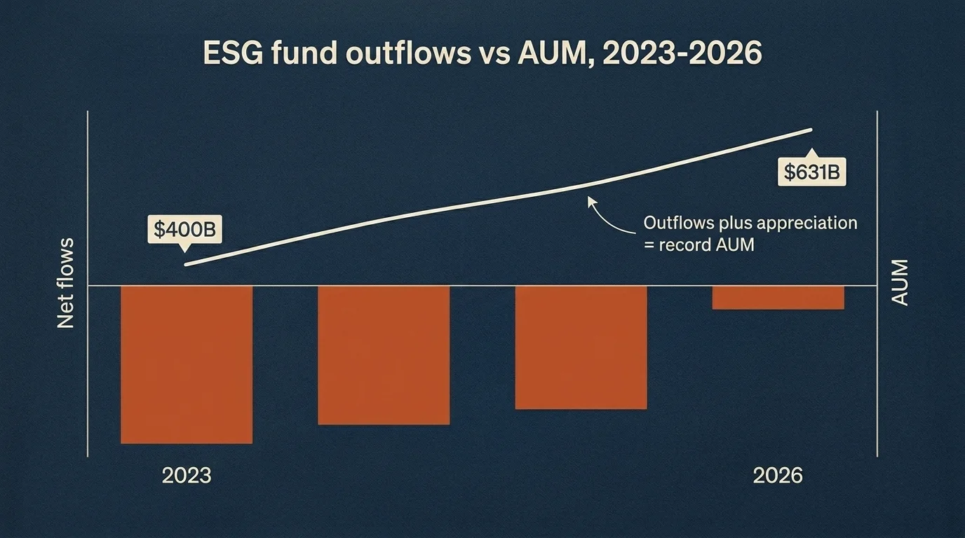 Dual-axis chart on deep navy: burnt-orange outflow bars 2023-2026 with a rising AUM line $400B to $631B, annotation arrow
