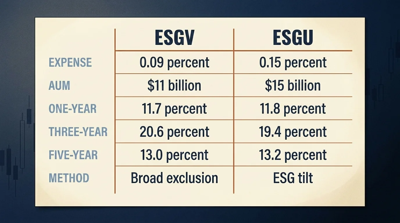 Two-tile head-to-head comparison of ESGV and ESGU ETFs with expense ratio, AUM, returns, and methodology