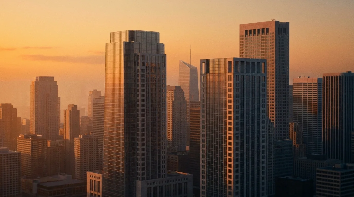 A cluster of glass-and-stone skyscrapers in a financial district at golden hour, conveying the scale of the top firms