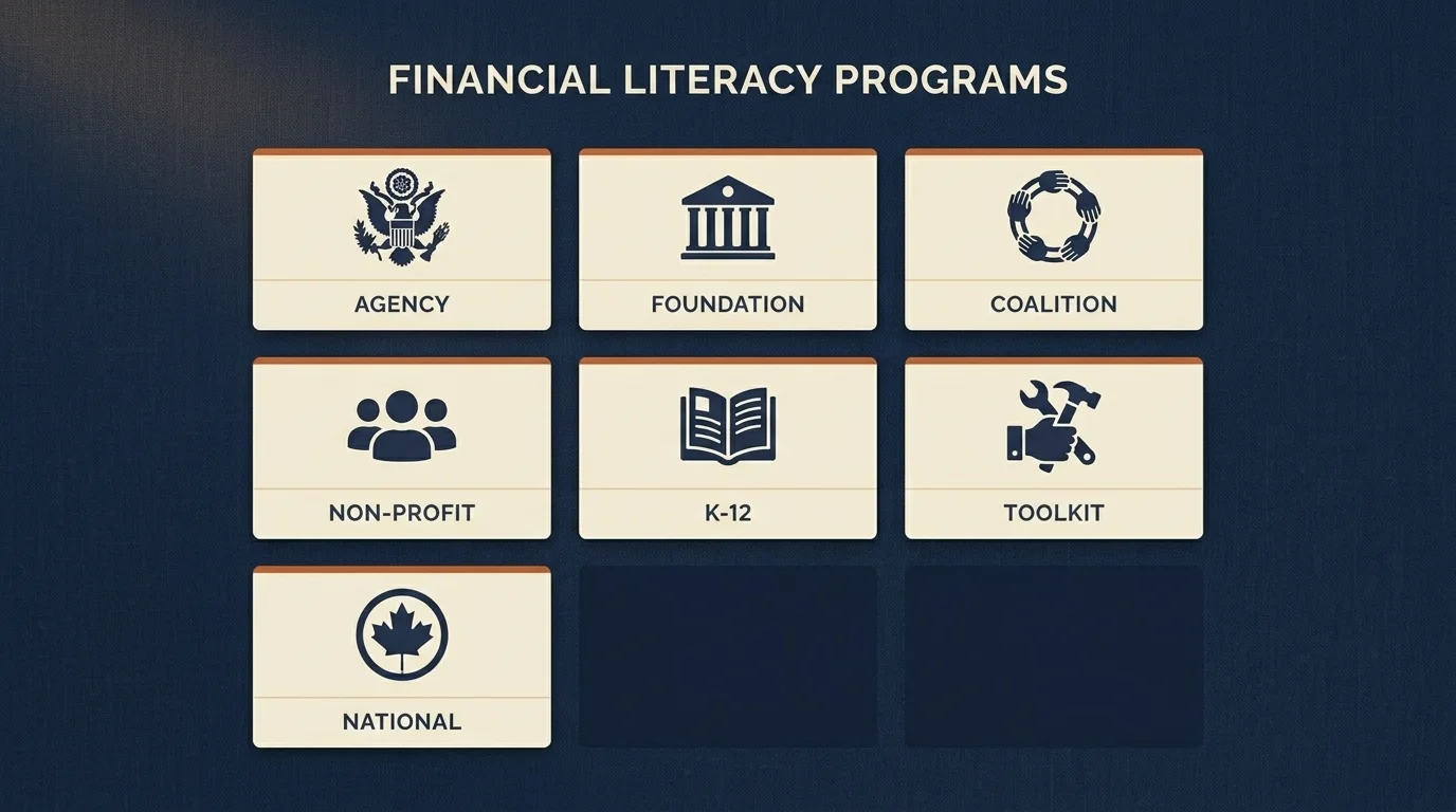 Editorial card-grid of seven financial literacy program categories — agencies, foundations, coalitions, and member banks