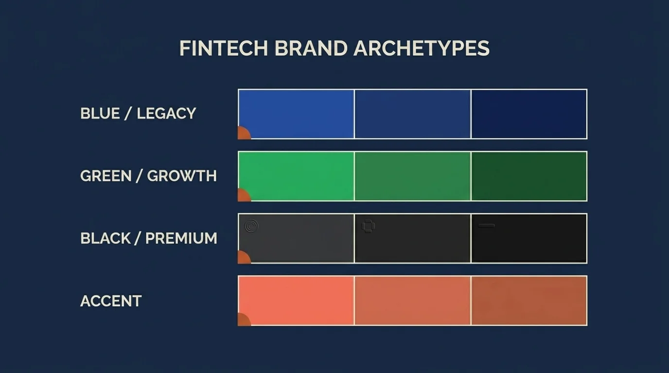 Fintech brand-color swatches grouped into four archetype rows — blue legacy, green growth, black premium, accent
