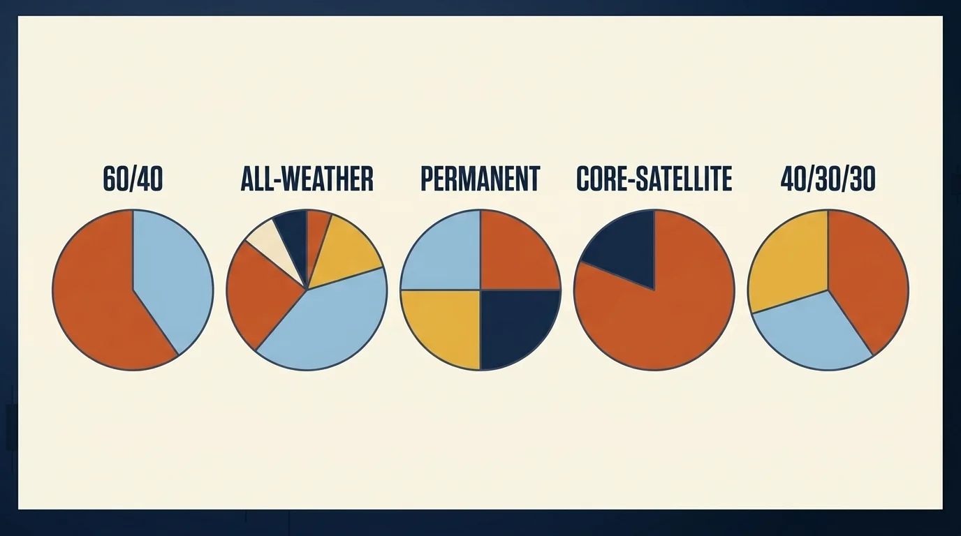 Five side-by-side pie charts comparing 60/40, All-Weather, Permanent, Core-Satellite, and 40/30/30 portfolio allocations