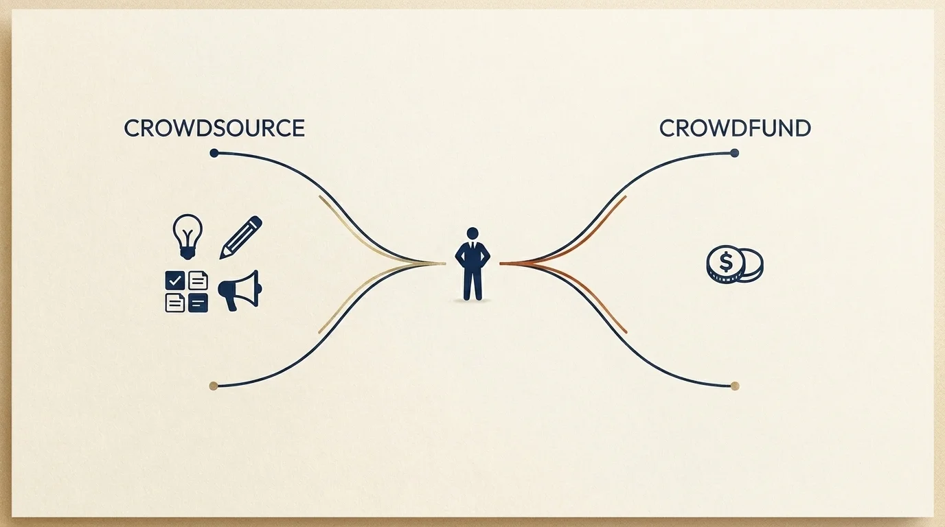 A founder node forking into a crowdsource-the-work branch and a crowdfund-the-capital branch with small icons
