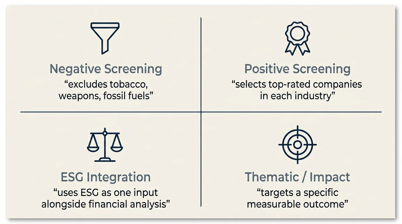 Four-quadrant grid showing negative screening, positive screening, ESG integration, and thematic ethical investing approaches