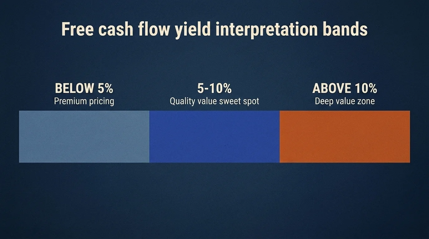 Three bands on deep navy — Below 5% slate (Premium), 5-10% royal blue (Quality), 10%+ burnt orange (Deep value)