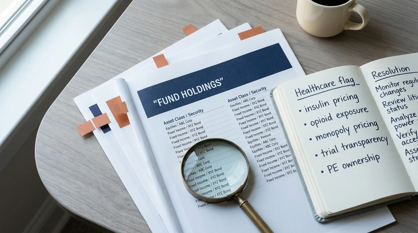 Fund prospectuses fanned beside a healthcare ESG funds screening notebook with Healthcare flag and Resolution columns
