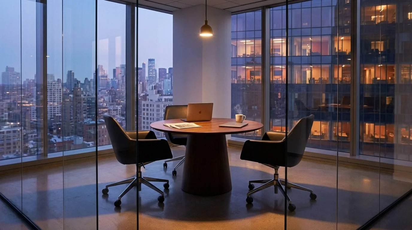 Glass-walled conference room at dusk with two empty chairs around a small walnut table, open laptop and coffee mug, city dusk skyline beyond