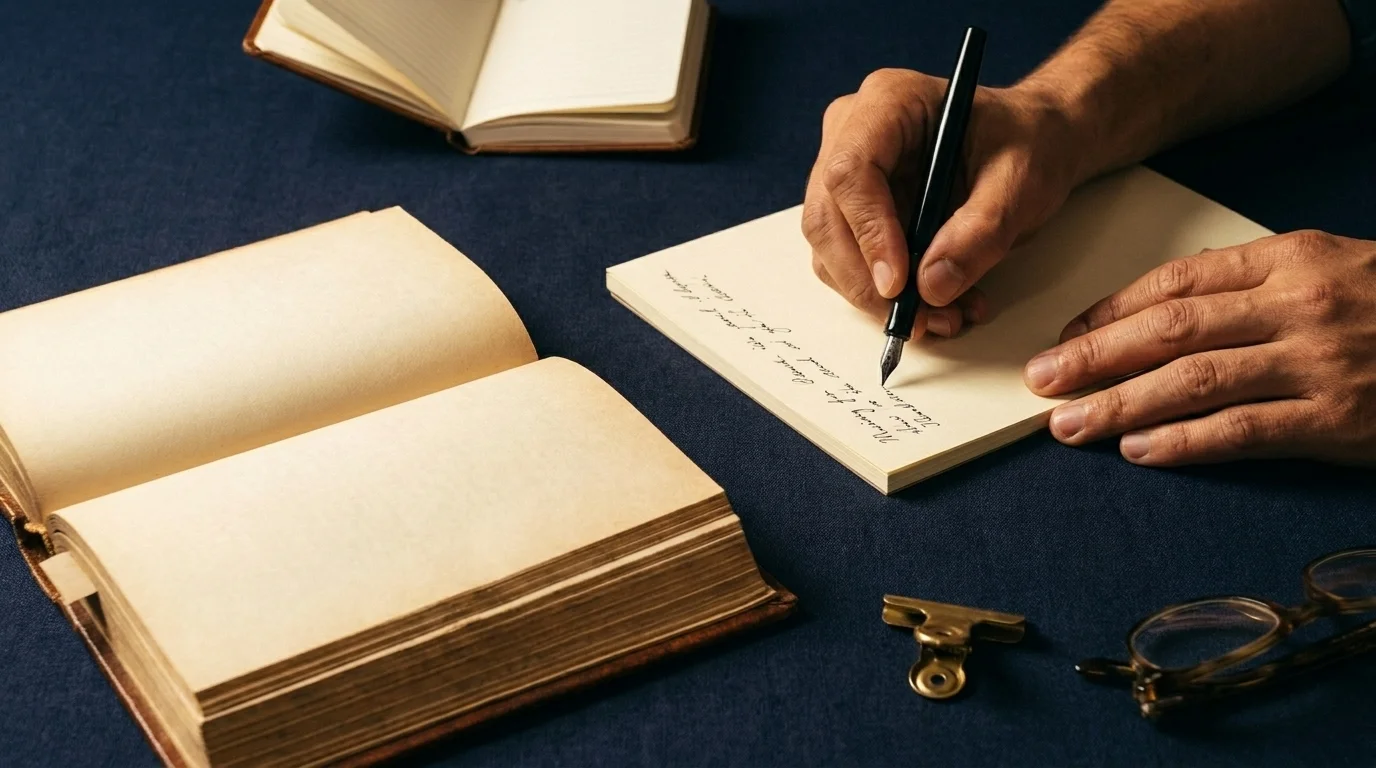 Hands writing dichotomy-of-control planning notes in a notebook beside Marcus Aurelius's Meditations on a navy desk