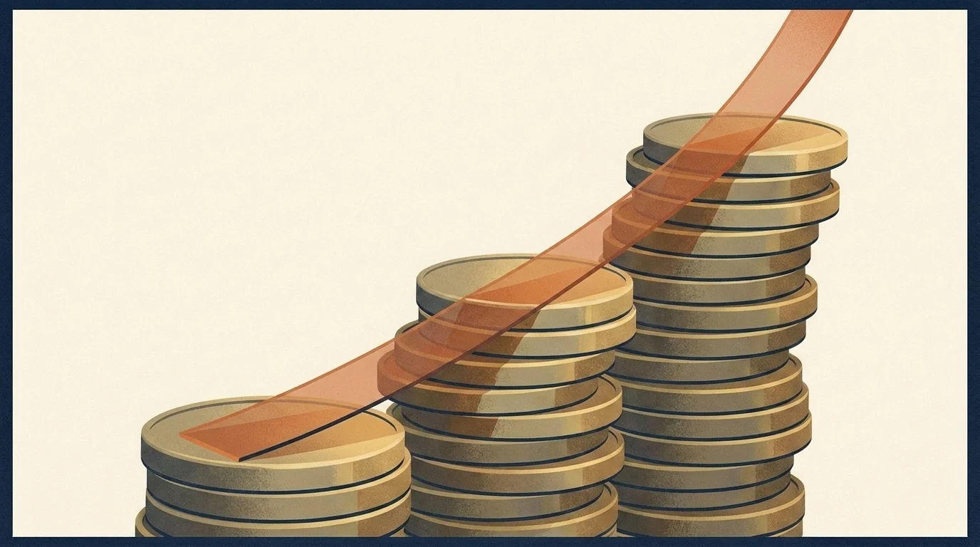 A thin slice being skimmed off a growing stack of coins, showing a hidden 401k fee taken over time