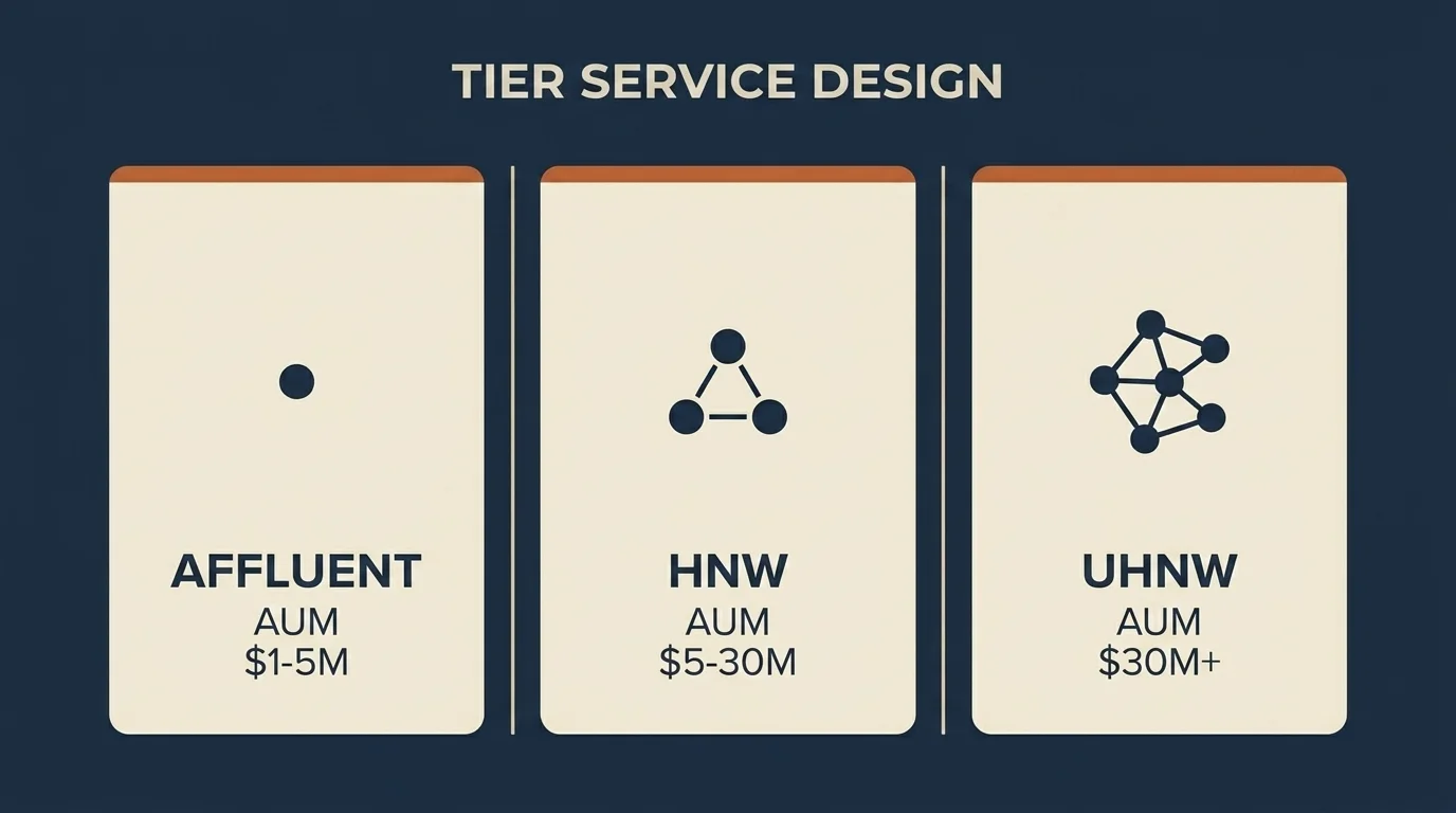 Three-tier service matrix comparing Affluent, HNW, and UHNW client cadence, product mix, and planning depth