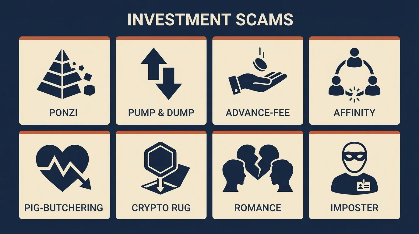 Editorial grid of eight common investment scam typologies — Ponzi, pump-and-dump, pig-butchering, crypto rug, romance, imposter