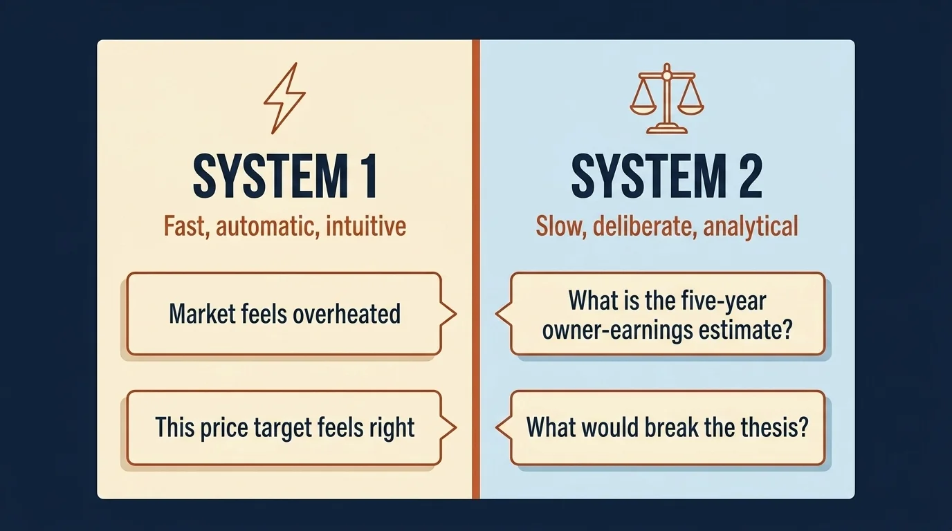 Dual-track diagram contrasting Kahneman System 1 fast intuitive thinking against System 2 slow deliberate analytical thinking