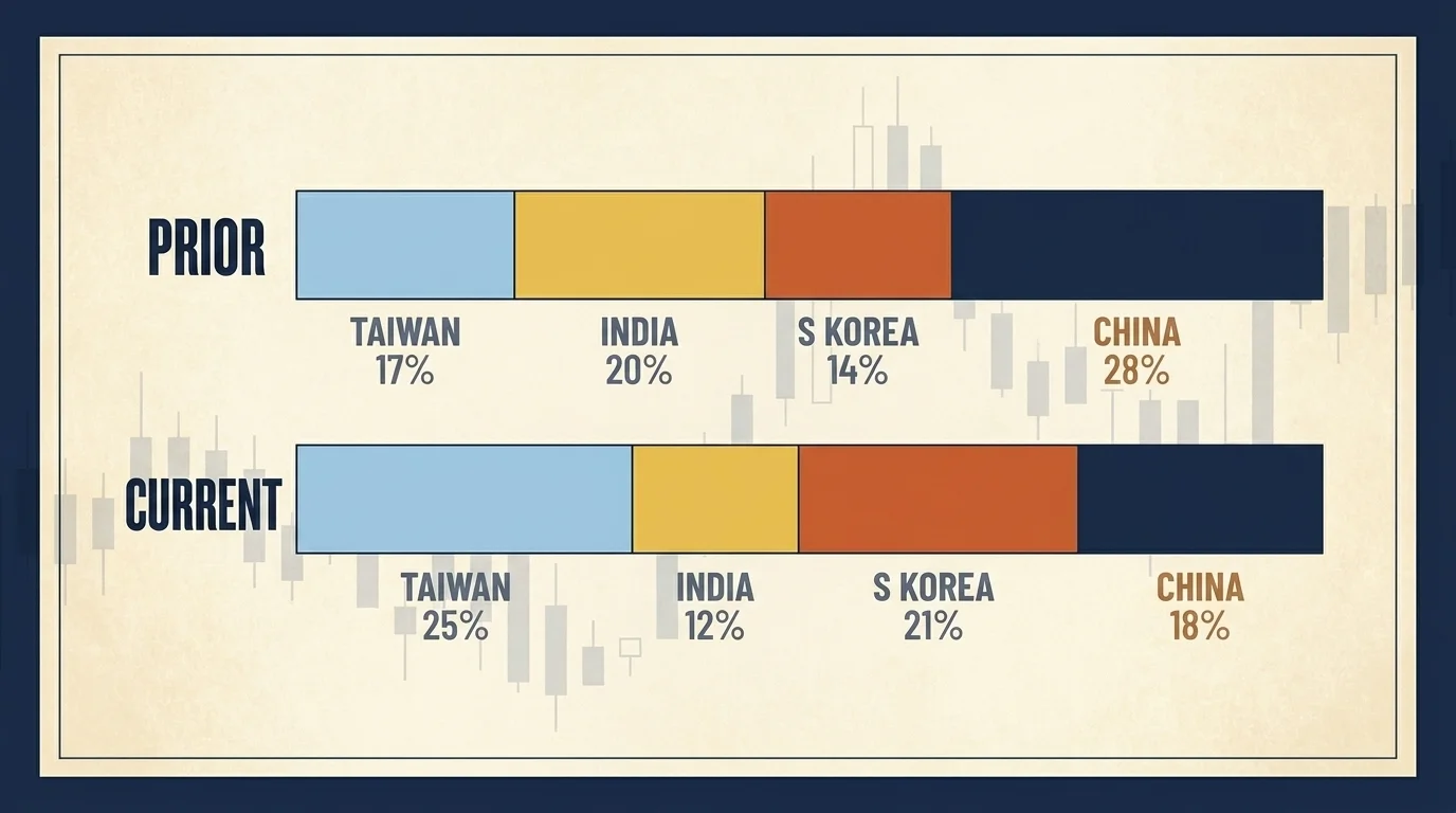 Stacked bar chart comparing MSCI Emerging Markets country weights — Taiwan rising, India falling, South Korea climbing