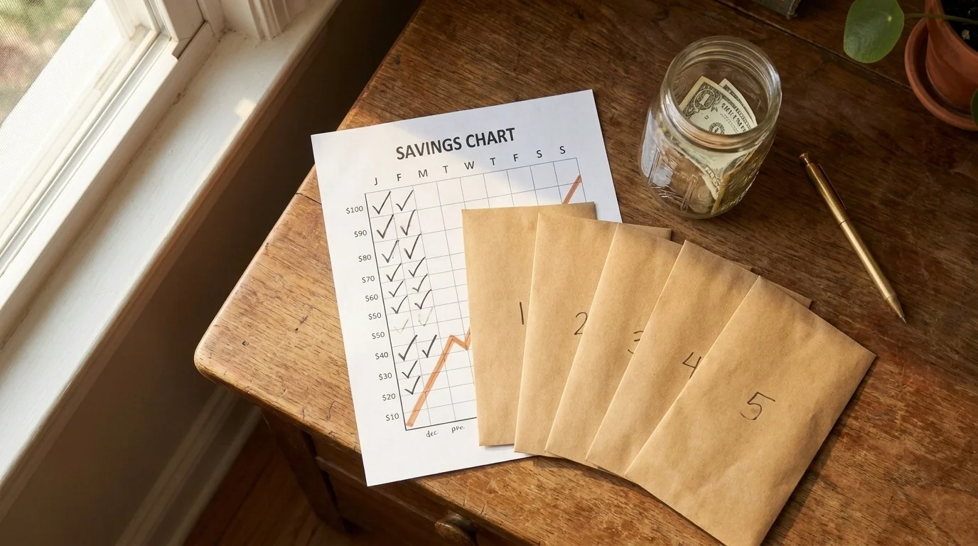 Overhead flat-lay of a printed savings tracker with checked boxes, a row of numbered cash envelopes, and a savings jar