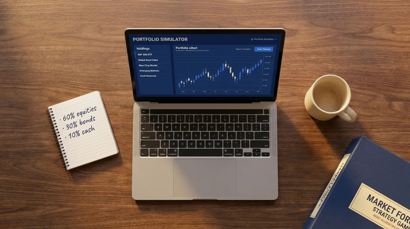 Laptop stock market simulator beside an asset-allocation notebook and coffee mug on a wooden desk, overhead view
