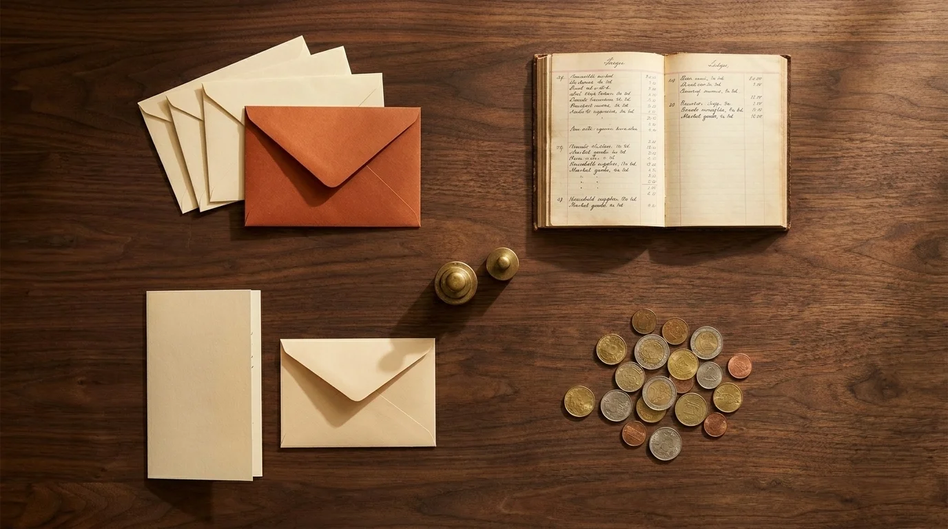 Overhead flat-lay of envelopes, a small ledger, a prayer card, and international coins arranged on a walnut tabletop