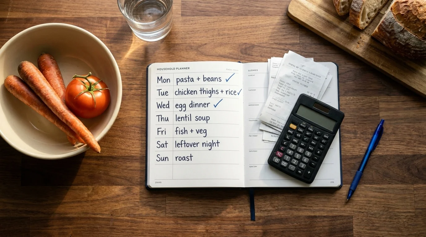 Overhead flat-lay of a 7-day family meal plan notebook with grocery receipts, calculator, and a bowl of carrots and tomato