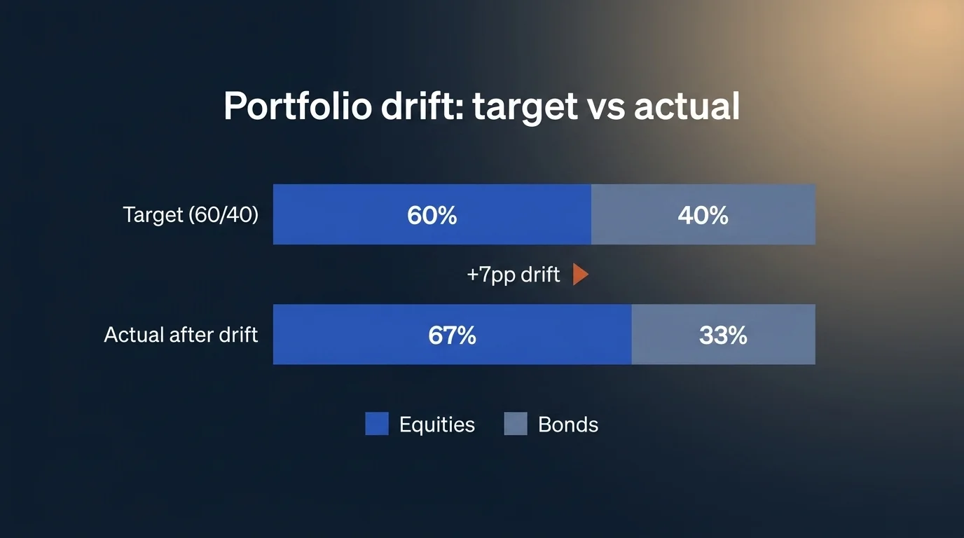 Two stacked bars on deep navy: target 60/40 allocation vs actual 67/33 post-drift, with a +7pp drift arrow between