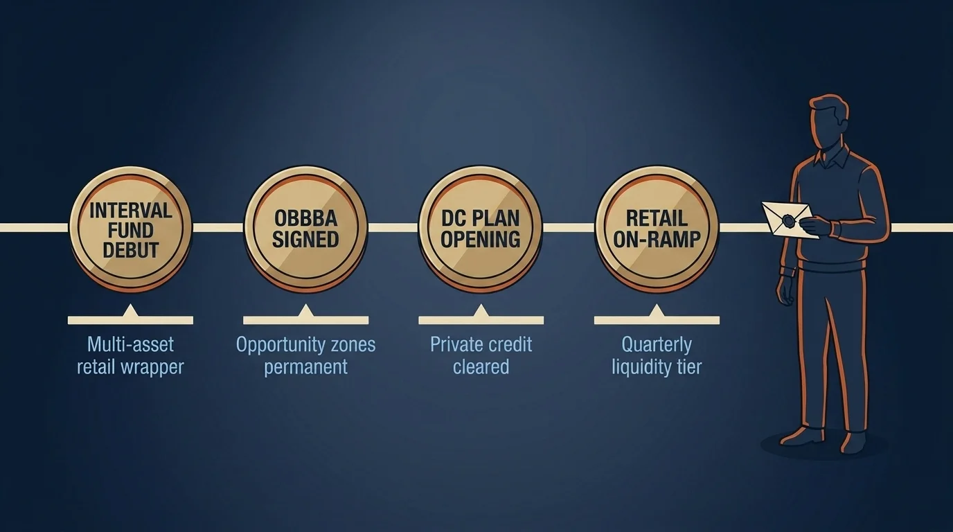 Editorial timeline of retail access to private credit, showing four milestone tokens leading to a stylized retail investor