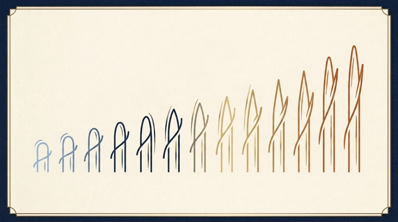 A low cool-toned marker on the left rising to a tall warm-toned marker on the right, a risk and return spectrum