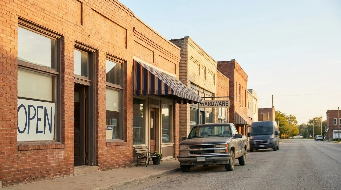 Row of small storefronts on a rural American Main Street in midmorning, with a hardware shop and a café with a striped awning
