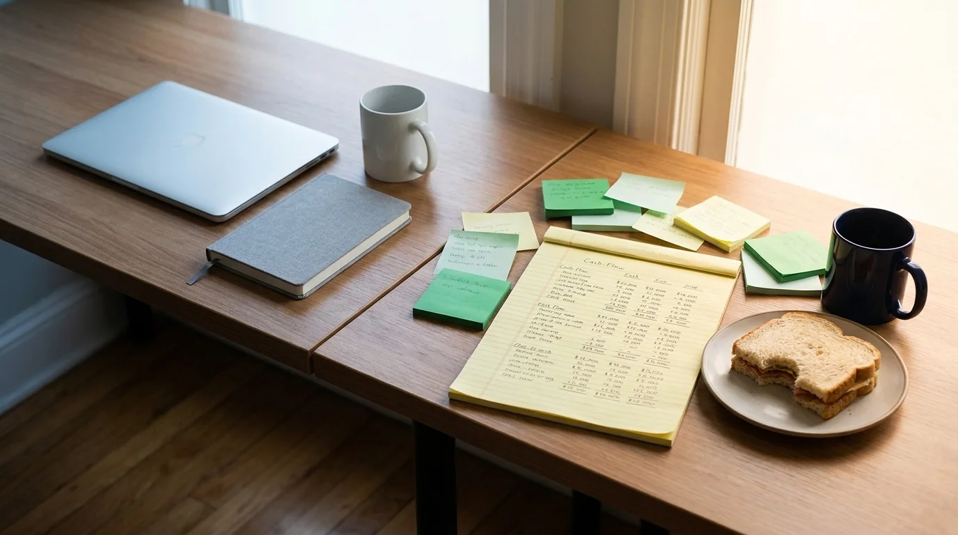 Two adjacent desks under warm office light — left desk tidy with a single laptop, right desk piled with handwritten cash-flow notes