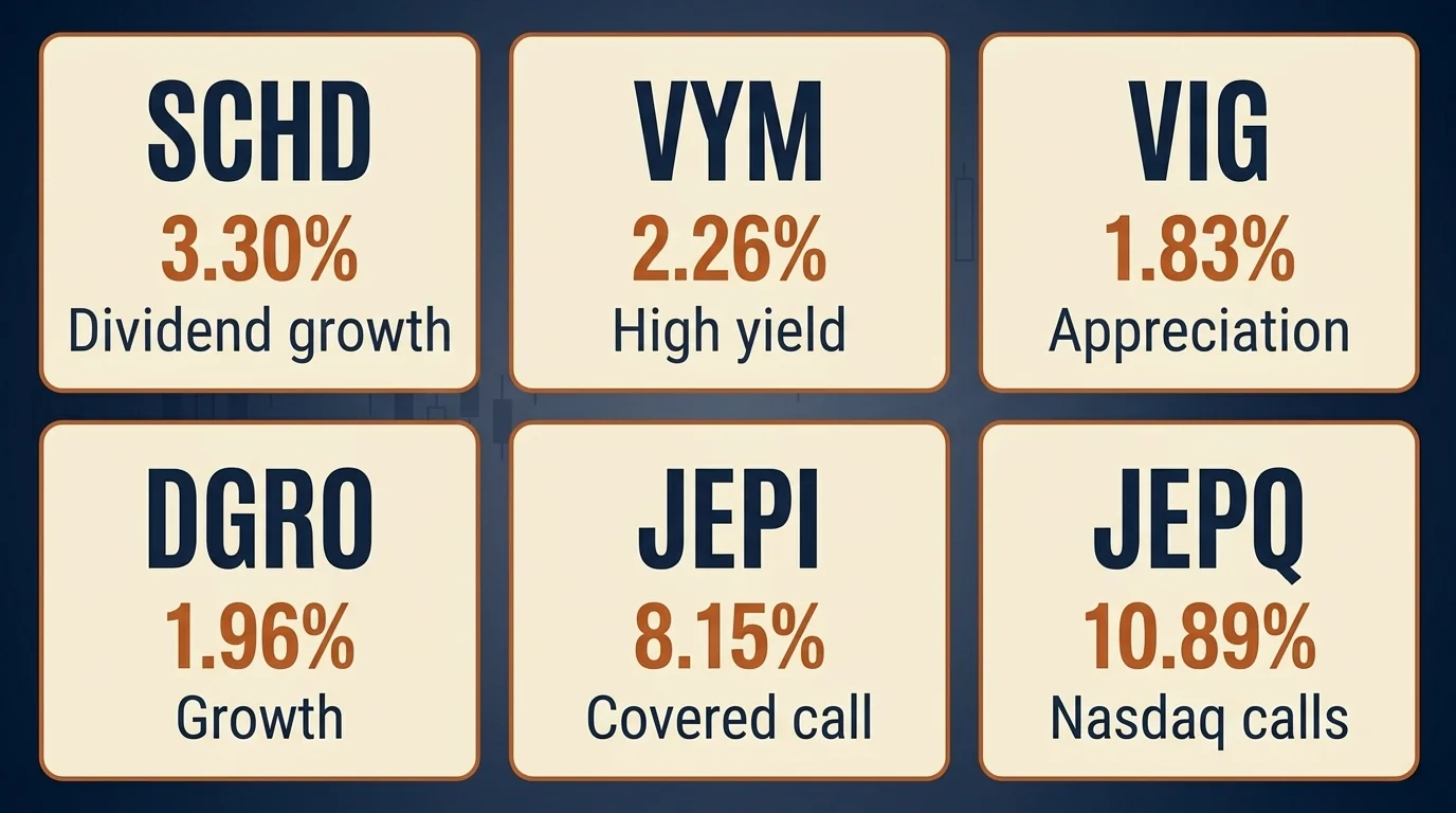 Two-row grid of six dividend ETF tiles showing yield and style for SCHD, VYM, VIG, DGRO, JEPI, and JEPQ