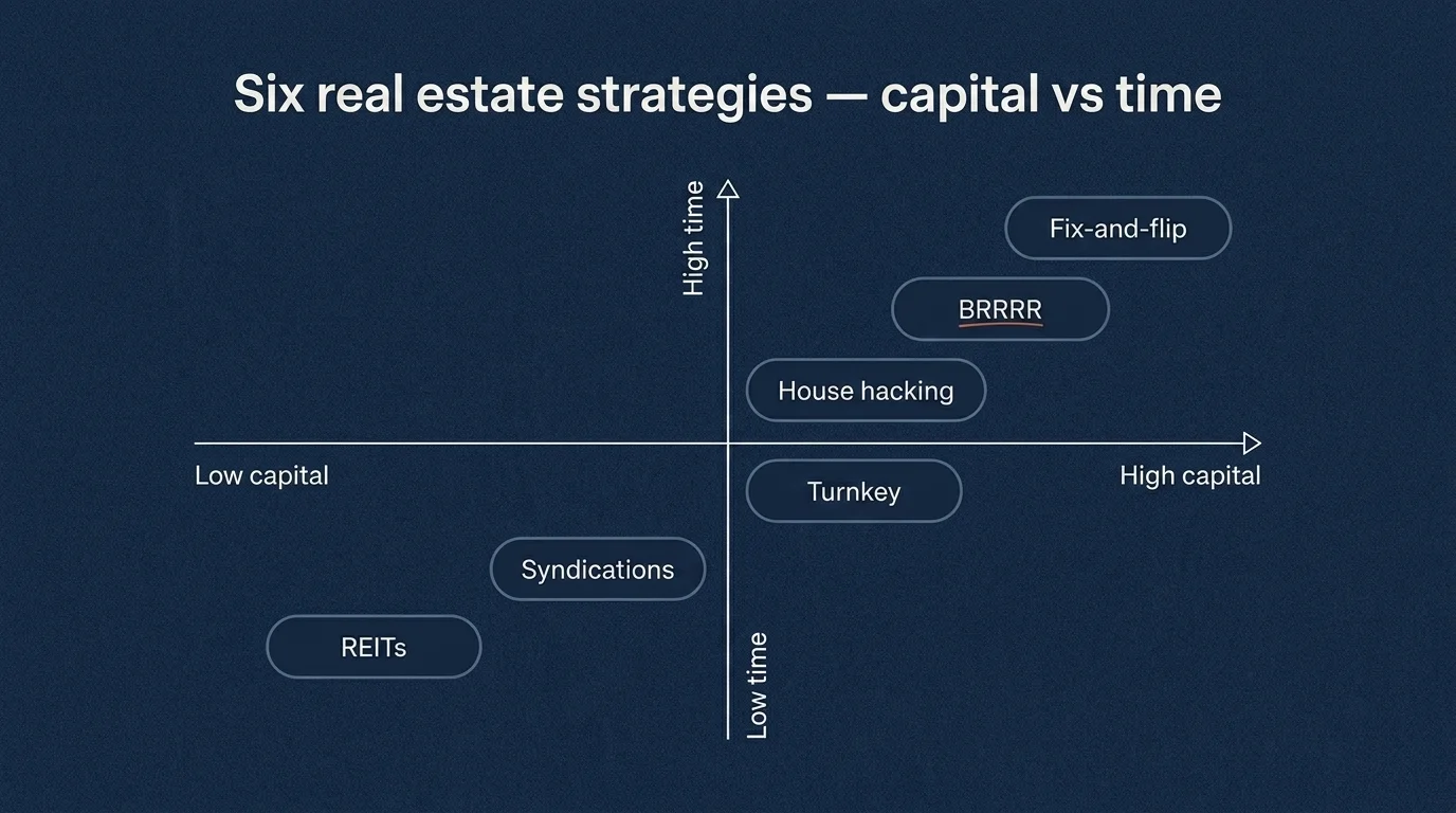 Two-axis matrix on deep navy: REITs, Syndications, Turnkey, House hacking, BRRRR (burnt orange), Fix-and-flip