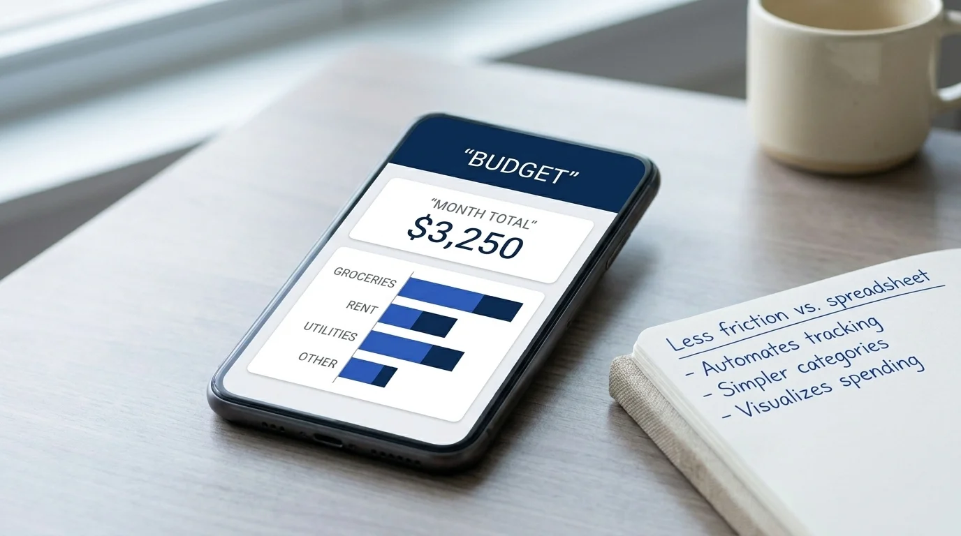 Smartphone showing a monthly budget dashboard with a four-category bar chart beside a comparison notebook