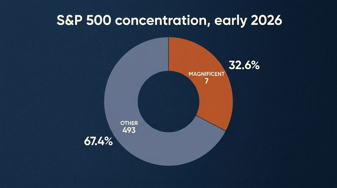 S&P 500 concentration pie chart: 32.6% Magnificent Seven mega-caps versus 67.4% other 493 companies in early 2026