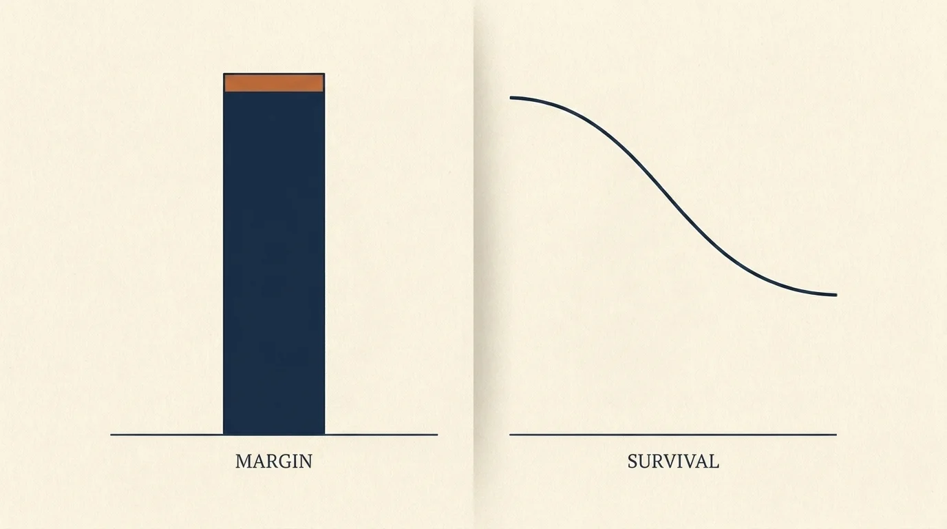 A tall profit-margin bar on the left set against a five-year survival curve dropping by nearly half on the right