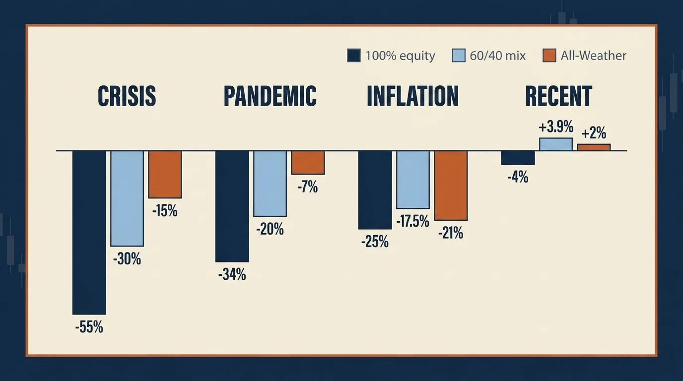 Bar chart comparing maximum drawdowns of 100% S&P 500, 60/40, and All-Weather portfolios across four crisis regimes