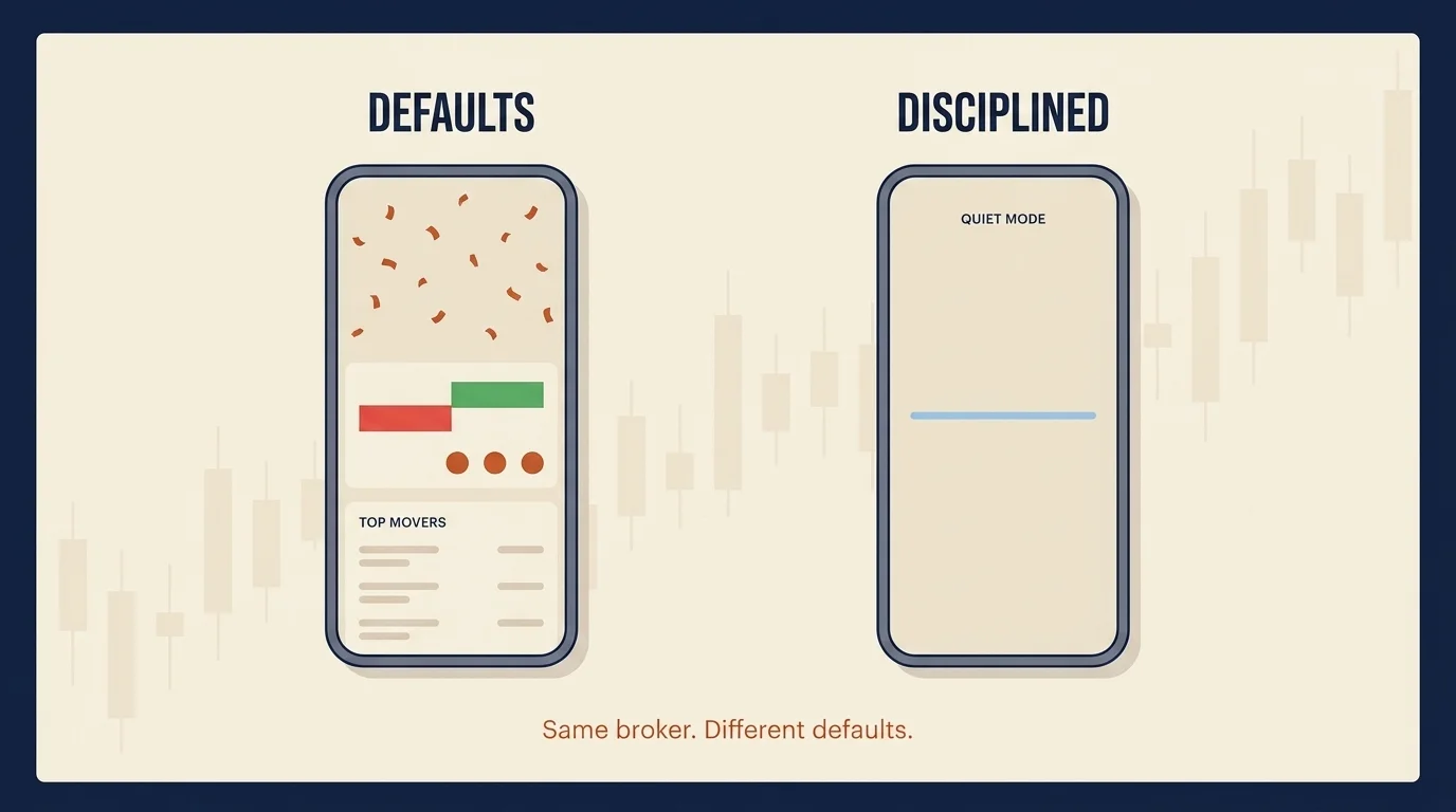 Diptych of two trading app phone screens side by side — gamified Defaults versus minimal Disciplined Settings