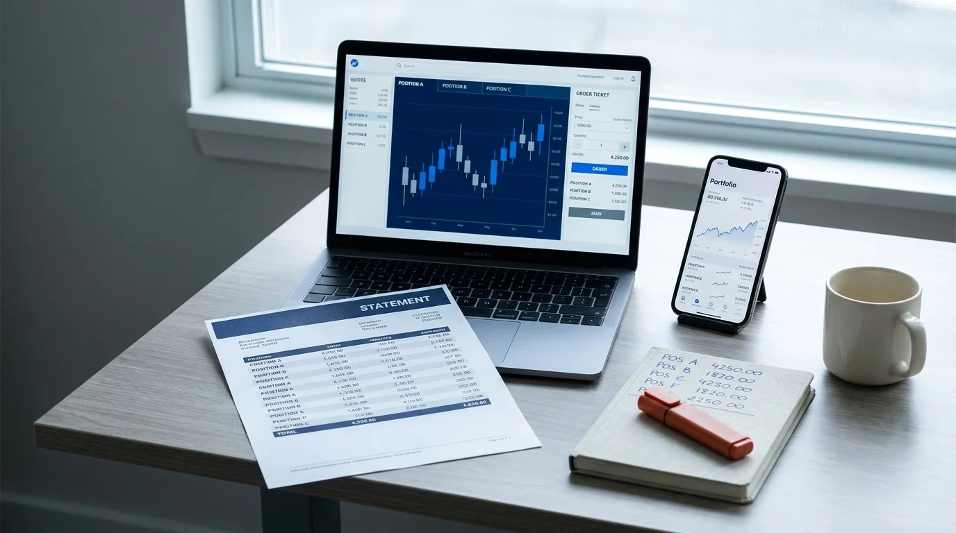 Laptop trading app mid-trade beside a brokerage statement and handwritten stock positions in a fomo investing moment
